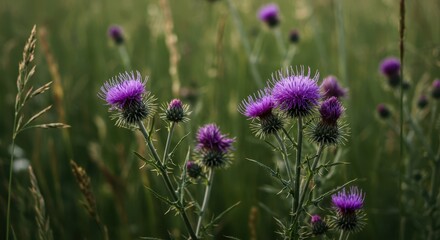 Fototapeta premium Vibrant purple thistle flowers blooming profusely amidst lush green grass in a sunny summer meadow scene, Thistle, detailed, bright