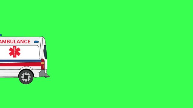 A clean, minimalist 2D illustration of a ambulance vehicle in motion against a green backdrop.