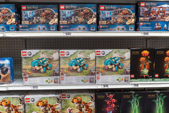 Villa de Alvarez, Colima. Mexico. March 6, 2026: Assorted Toy Store Shelf Display of Various Construction Set Products