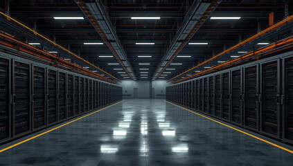 Obraz premium Spacious data center corridor with server racks and reflective floor