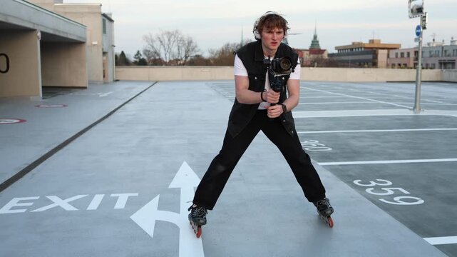 Videographer on rollerblades holds gimbal steady focusing on smooth camera movement practicing stabilization technique and precise framing while maintaining balance and controlled motion