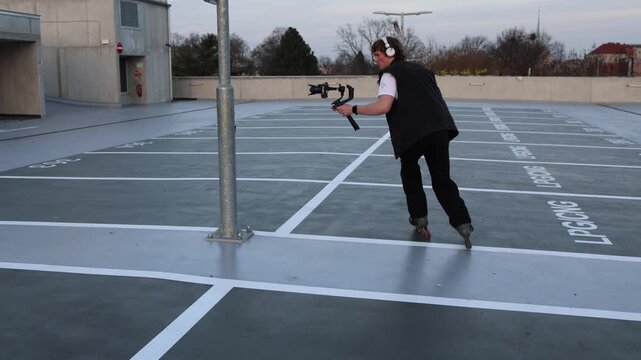 Beginner videographer rides on rollerblades circling pole practicing tracking shot trying to keep subject in frame improving stability coordination and camera control through active training