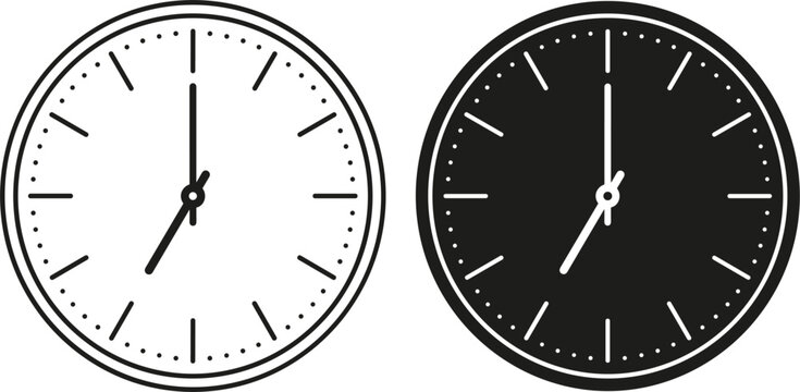 Analog wall clock icons with outline and solid style time display round dial classic design vector illustration