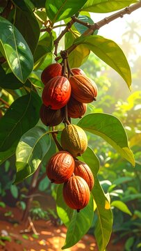 Vibrant cacao pods on a lush tree branch