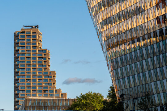 Stockholm Hagastaden skyline with modern glass skyscraper seen at sharp angle as urban architecture meets sky in a bold contemporary district view