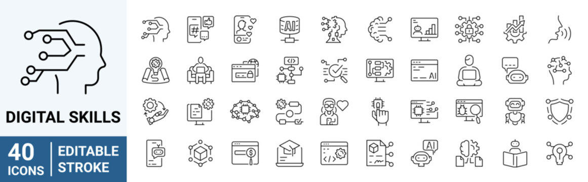 Set of 40 outline icons related to Digital skills. Linear icon collection. Editable stroke. Vector illustration