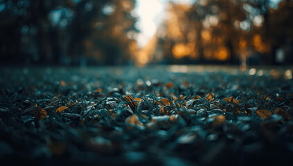 Obraz premium Low angle shallow focus grass with autumn leaves and warm bokeh light