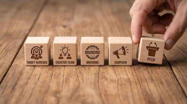 Concept of building a business brand and marketing strategy for success, including target audience, team, branding, and pitch