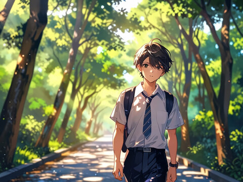 木漏れ日の中を歩く学生、夏の通学路