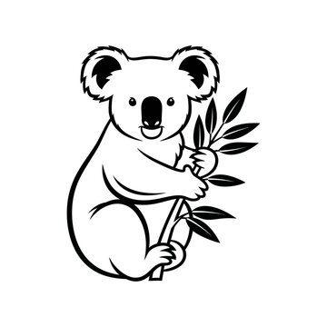 Koala bear holding eucalyptus leaf branch.