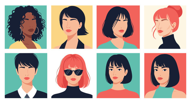 Diverse collection of female portraits arranged in a grid showing different hair styles, skin tones, and bright colors.