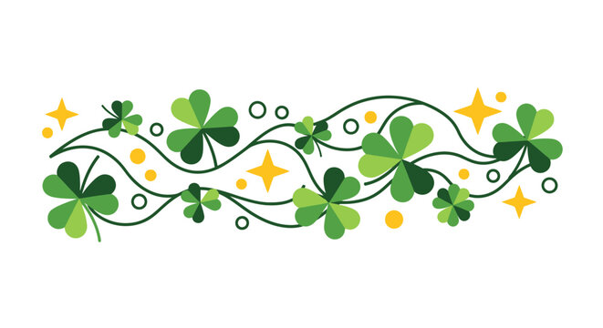 Green shamrocks and decorative golden stars arranged in a beautiful elegant floral pattern for st patricks day
