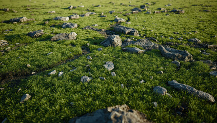 Naklejka premium Green rocky meadow with fresh grass and scattered stones in soft light