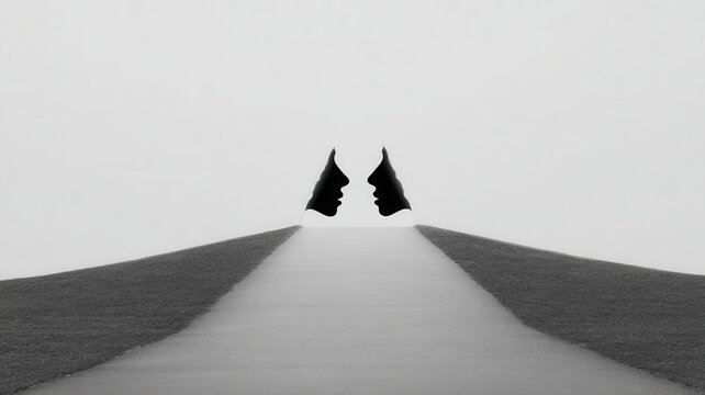 Profiles creating a vase illusion on a converging path, representing connection, duality, or communication concept