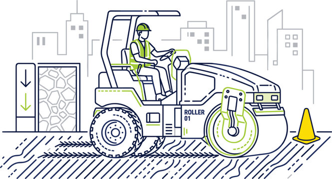Asphalt road roller compacting surface with operator and compaction control concept in modern construction vector illustration