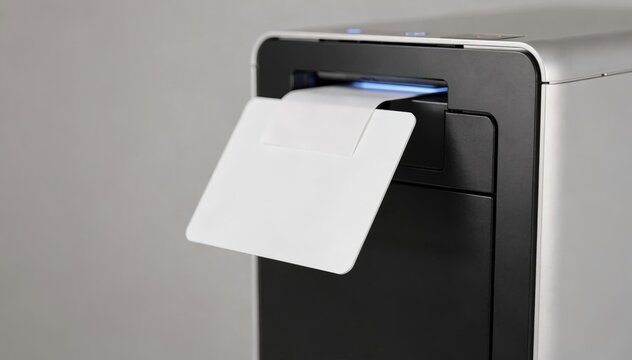 Medium shot capturing the instant card production process at a microprint kiosk emphasizing the card emerging from the printer with a soft backdrop.