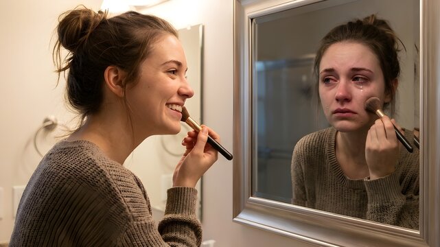 Concept of depression and hiding emotions with smiling woman applying makeup while her reflection is crying in the mirror.