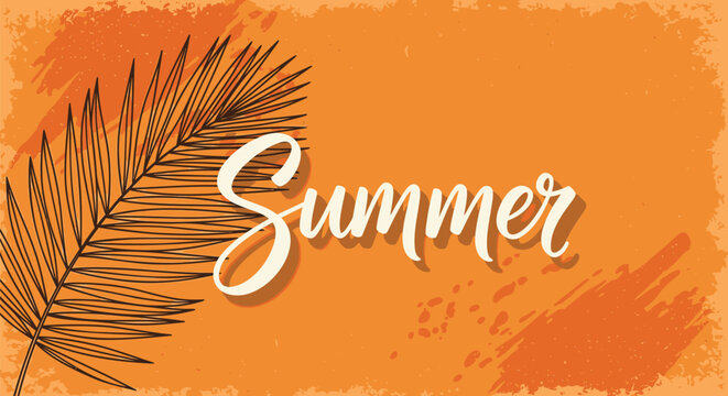 Summer, orange background, palm leaf, seasonal graphic, vector illustration