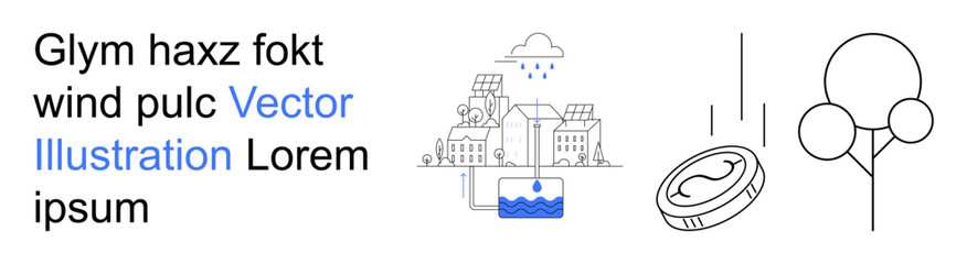 Naklejka premium Environmental sustainability, water conservation, urban planning, renewable energy, eco-design, infrastructure. Features buildings, water harvesting coin and a tree. Environmental sustainability