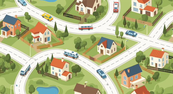 Seamless suburban neighborhood map with houses, streets, cars, buses, and green spaces in a detailed isometric flat design.