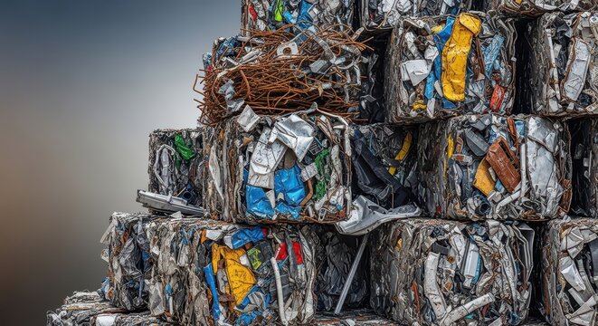 A dense heap of compressed metallic waste ready for smelting and repurposing, highlighting industrial scale recycling operations, ferrous, dense, iron