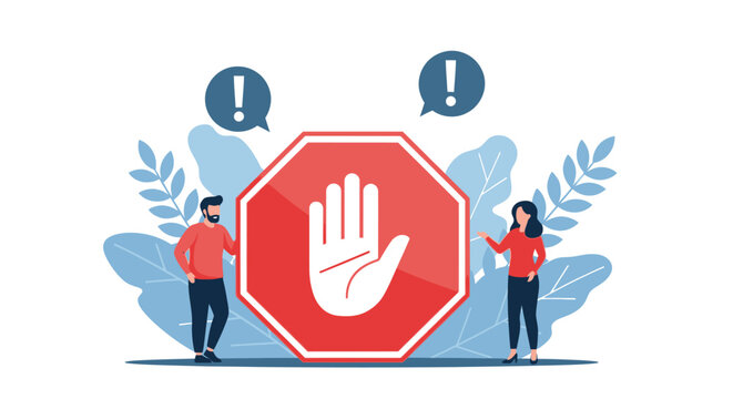 Man and woman standing next to a large red stop sign with an open palm hand symbol