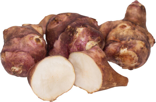 Fresh Jerusalem artichokes with sliced piece isolated on transparent background, PNG