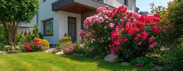 Fototapeta premium Colorful rose garden with pink and red blooms beside a contemporary house on a sunny day