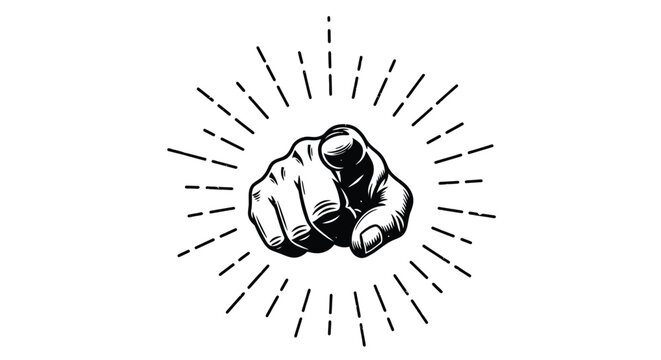Hand drawn illustration of an index finger pointing forward directly at the viewer with radiating sun lines