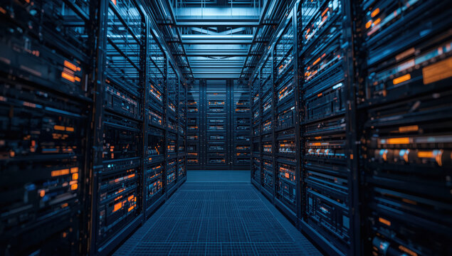 High tech server room aisle with glowing rack equipment and cool blue lighting, atmospheric