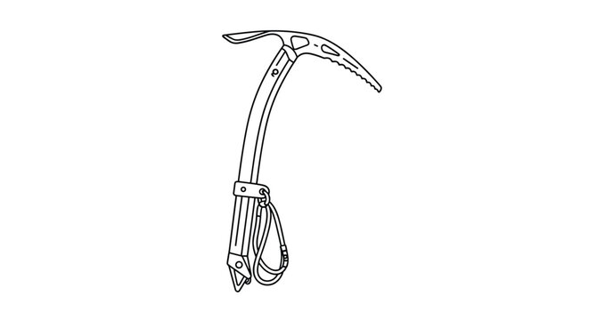 Technical outline drawing of a professional ice axe used by climbers for mountain trekking, featuring a sharp pick and a wrist leash.