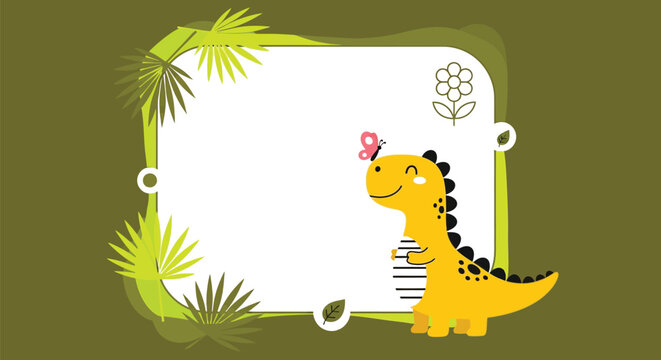 Cute little yellow dinosaur standing beside a blank rectangular frame decorated with tropical green palm leaves illustration
