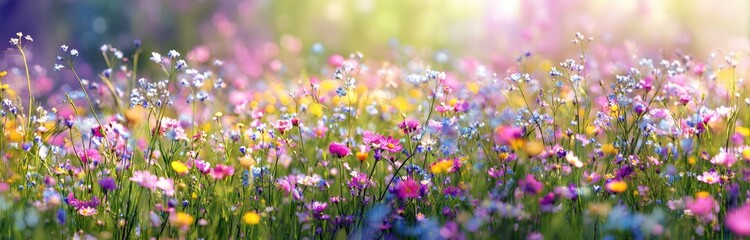 Obraz premium Lush meadow bursting with vibrant, colorful wildflowers under gentle, dreamlike sunlight