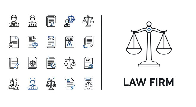 Set of legal and law firm icons with scales of justice.