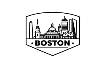 Naklejka premium Minimalist Boston Skyline Shield Badge with Detailed Landmark Silhouettes in Black Line Art on White Background