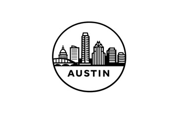 Fototapeta premium 2D Minimalist Austin Skyline in Circular Badge Frame on White Background with Clean Black Line Art