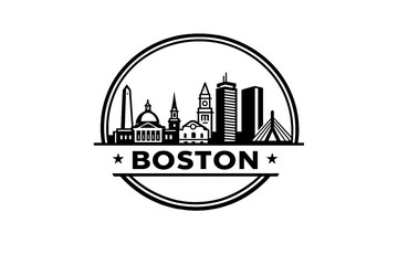 Obraz premium Minimalist Boston Skyline Logo Illustration, Outline Cityscape Badge with Urban Landmarks