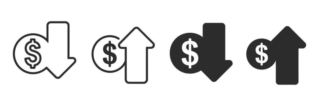 Dollar increase and decrease icon set vector illustration profit loss money growth decline financial symbols isolated on white background