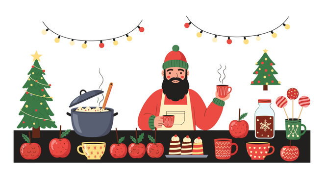 Festive scene with a bearded man in a Santa hat serving hot drinks and Christmas treats at a holiday market stall.