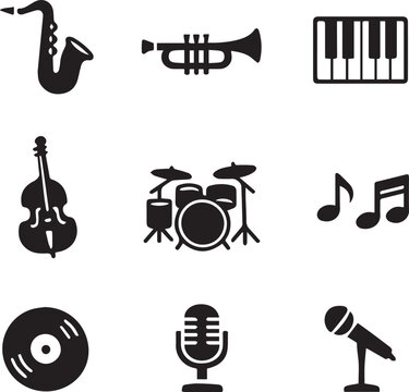 Minimal Black Jazz Music Icon Set Featuring Instruments and Audio Symbols for International Celebration