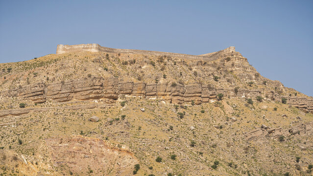 Desert landscape view of Shergarh fortress on ramparts of ancient Ranikot fort known as the great wall of Sindh, Jamshoro, Sindh, Pakistan