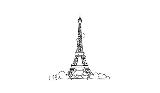 Continuous line Eiffel Tower Paris city vector travel landmark minimalist outline sketch design