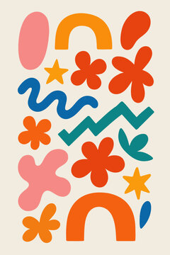 Playful abstract poster featuring colorful organic shapes, stars, smiley face, and wavy lines on a neutral background. Flat modern composition with bold retro Memphis-inspired design.