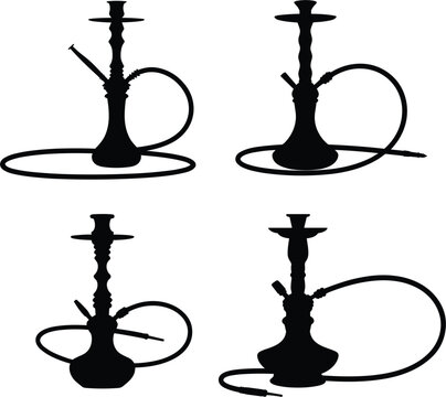 Traditional hookah shisha silhouette set with different bottle designs for lounge smoking and middle eastern culture vector