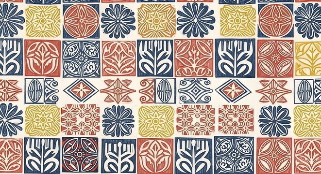 Seamless linocut floral pattern with ethnic geometric block print motifs in red and blue for textile background