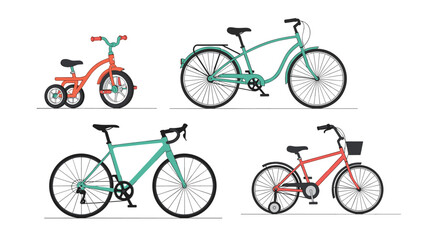Naklejka premium Collection of various bicycle models including a vintage cruiser, a modern road bike, a childs bicycle with training wheels, and a tricycle.