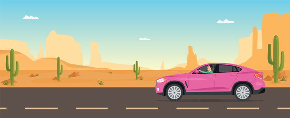 Flat Vector Illustration of a Pink Modern SUV Driving Through a Desert Landscape – Vibrant Outdoor Road Trip Concept with Cacti, Sand Dunes, and Mountain Horizons – Professional Digital Graphic. © Surajkalangada