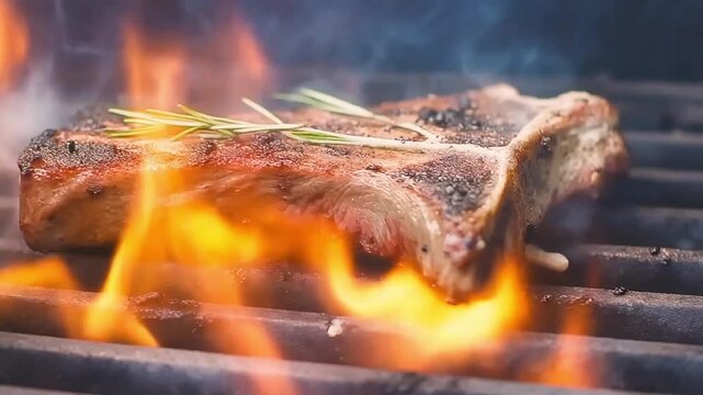 T-Bone Steak Grilling on Fire with Rosemary