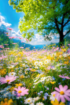 Beautiful Summer Meadow Filled with Vibrant Wildflowers Including Pink Cosmos and White Daisies under a Large Lush Green Tree against a Bright Blue Sky with Soft Clouds and Sunny Mountain Scenery