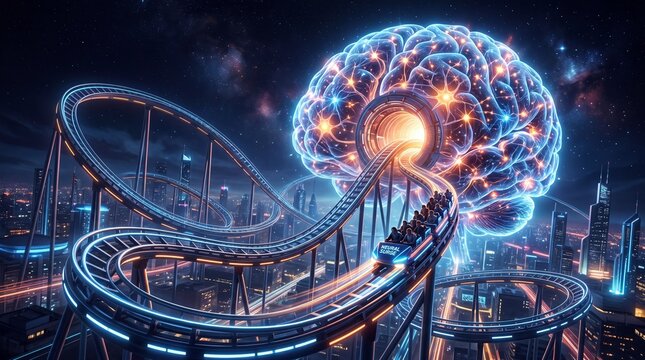 A futuristic rollercoaster track leads to a glowing brain with neural connections